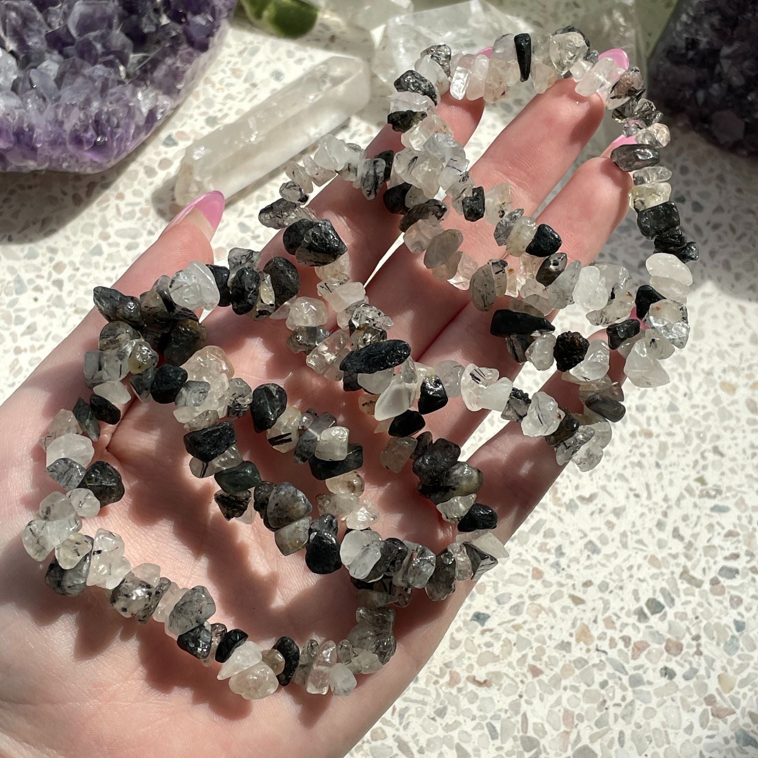 Tourmalinated Quartz Chip Bracelet - Dark Tourmalinated Quartz Chip Bracelet - Dark